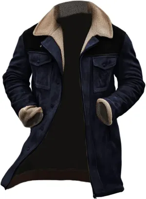 Vintage Suede Pocket Plush Reversed Collar Mens Outdoor Jacket Coat Retro Fashion Tops Warm Winter Shacket Outerwear