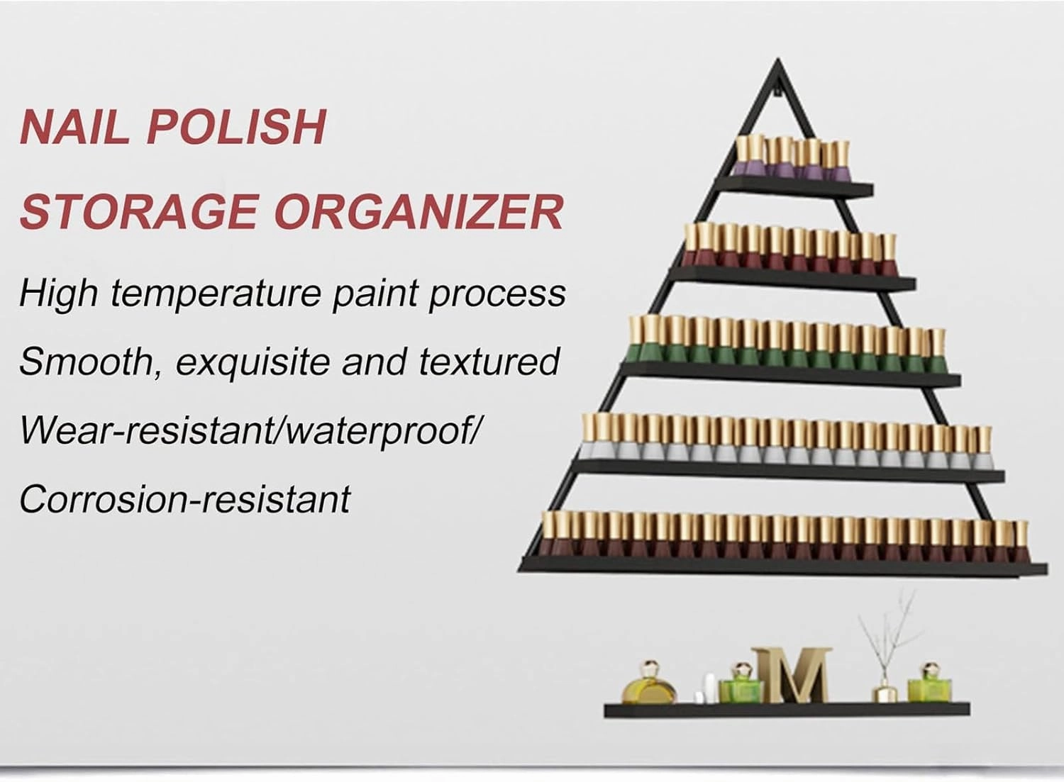 Wall Mounted Nail Polish Rack nizer with 5 Tiers for Essential Oil Bottles Lipstick Perfume Gold Triangular Display Shelf for Home Spa Nail Salon