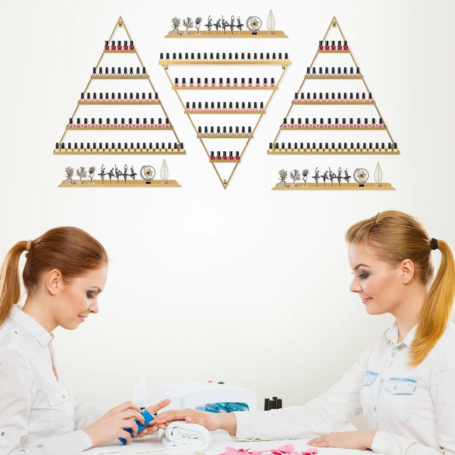 Wall Mounted Nail Polish Rack nizer with 5 Tiers for Essential Oil Bottles Lipstick Perfume Gold Triangular Display Shelf for Home Spa Nail Salon