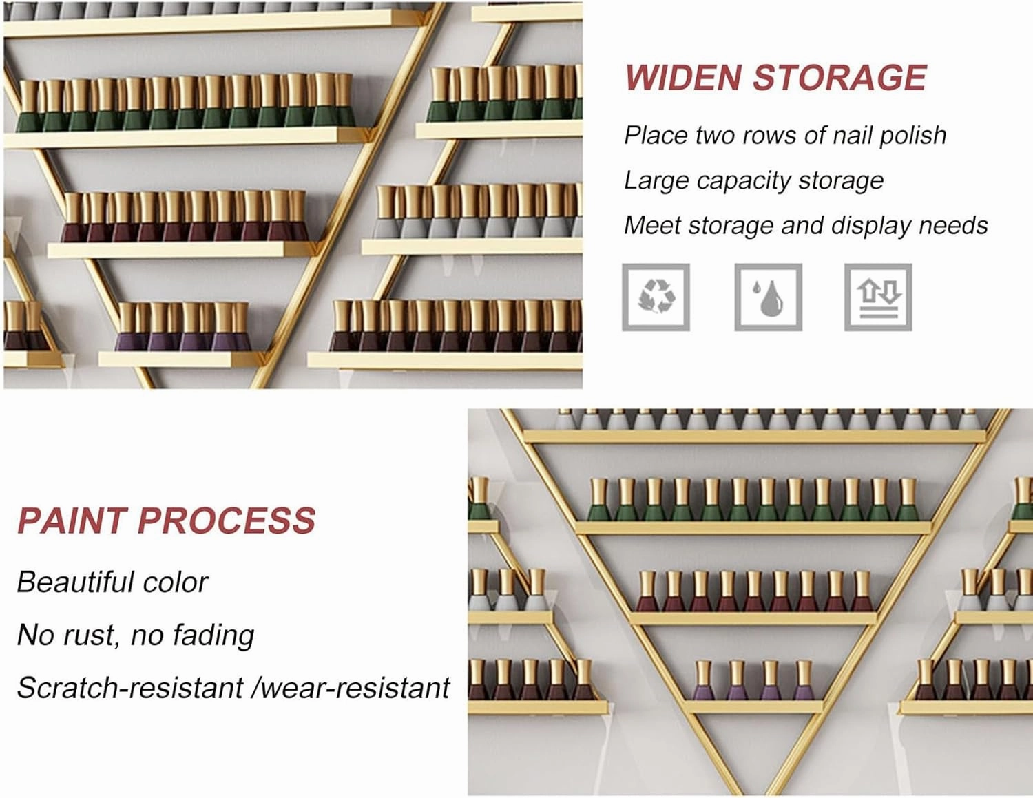 Wall Mounted Nail Polish Rack nizer with 5 Tiers for Essential Oil Bottles Lipstick Perfume Gold Triangular Display Shelf for Home Spa Nail Salon