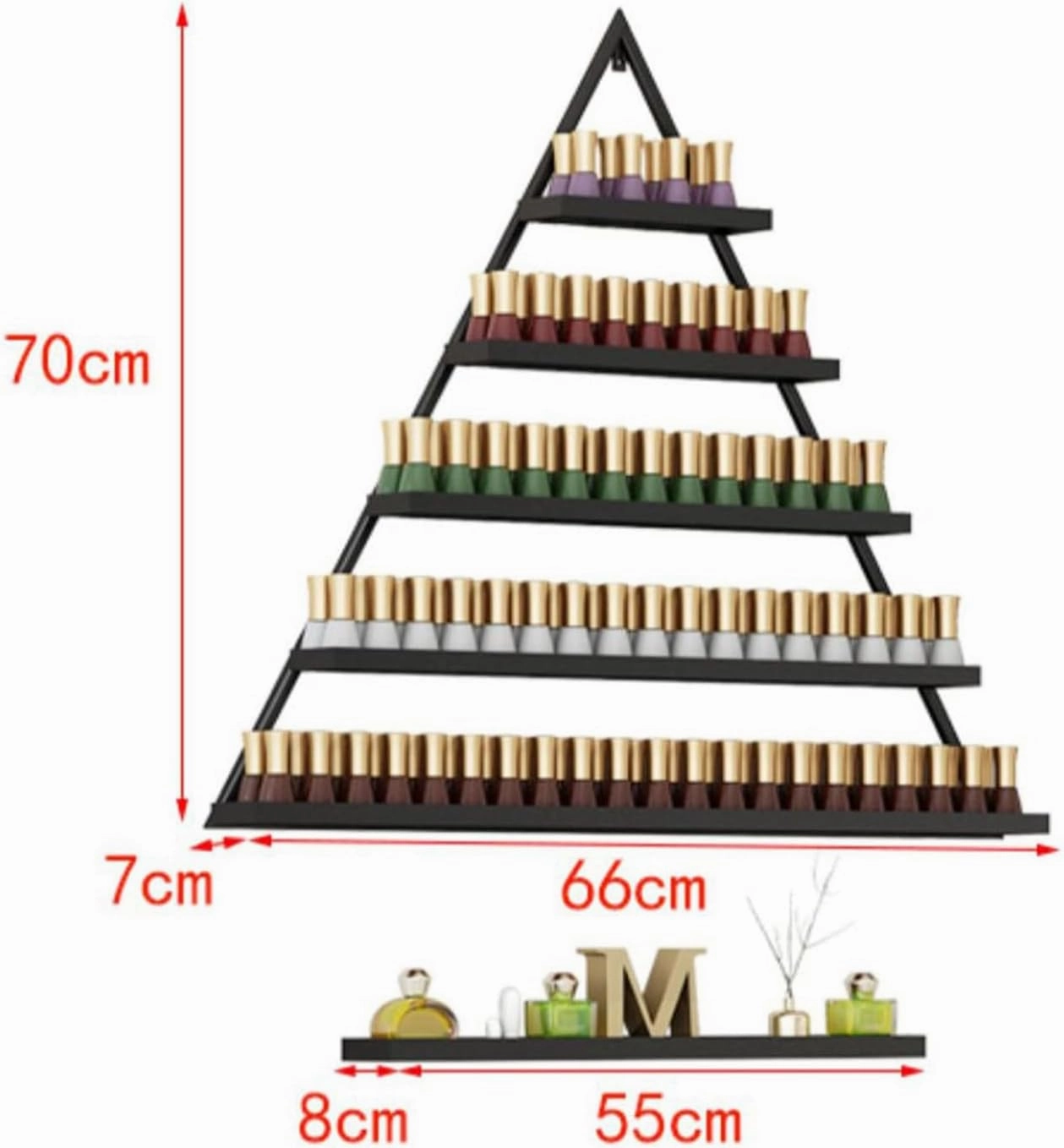 Wall Mounted Nail Polish Rack nizer with 5 Tiers for Essential Oil Bottles Lipstick Perfume Gold Triangular Display Shelf for Home Spa Nail Salon