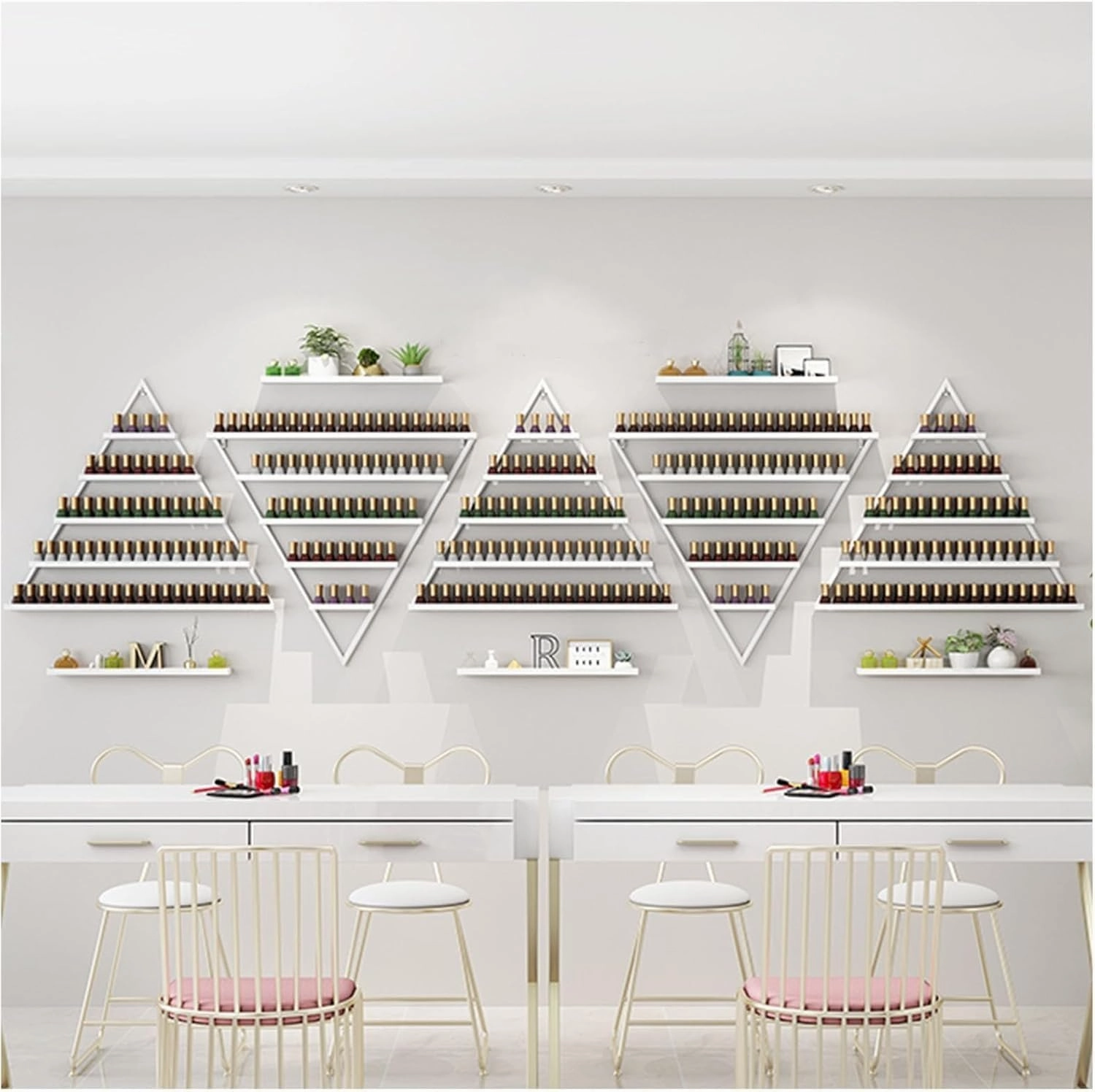 Wall Mounted Nail Polish Rack nizer with 5 Tiers for Essential Oil Bottles Lipstick Perfume Gold Triangular Display Shelf for Home Spa Nail Salon