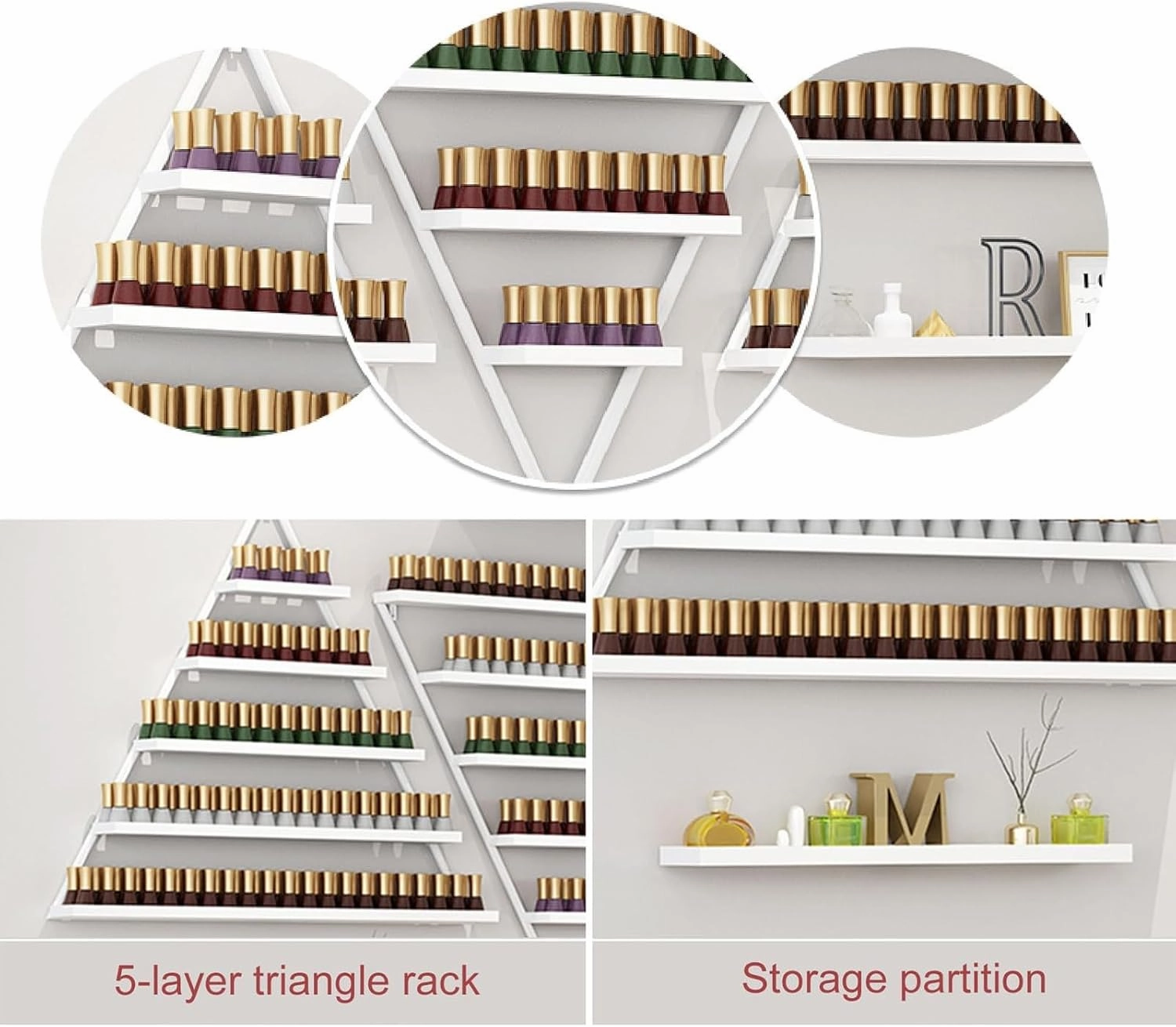 Wall Mounted Nail Polish Rack nizer with 5 Tiers for Essential Oil Bottles Lipstick Perfume Gold Triangular Display Shelf for Home Spa Nail Salon
