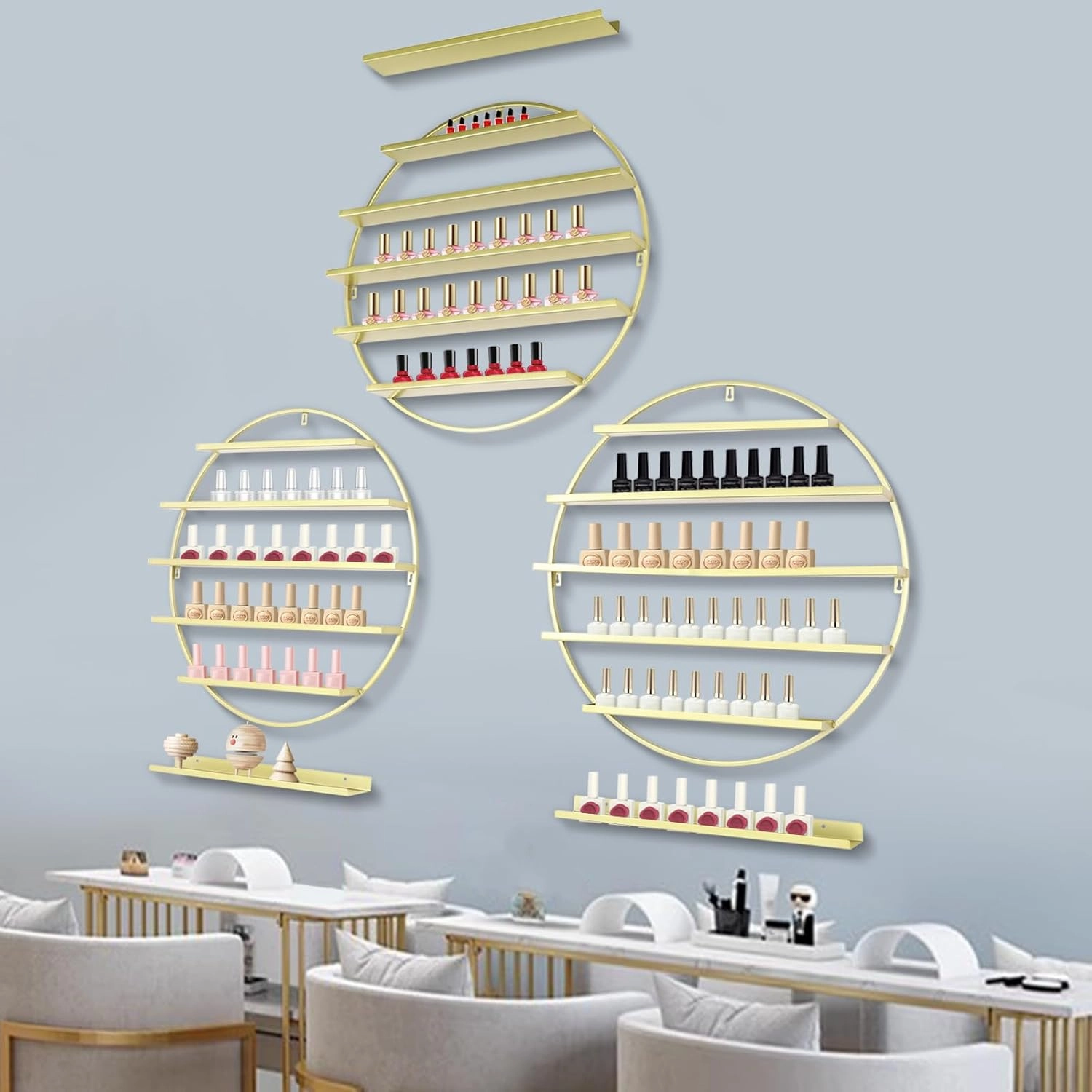 Wall-Mounted Nail Polish Rack, Set of 6 Round Gold Nail Polish Shelf Lipstick Perfume Cosmetic Display Shelf for Home Spa Nail Salon Shop