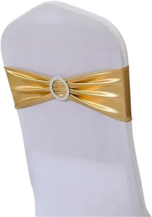 Wedding Decoration Spandex Chairs Sash Shiny Metallic Gold Silver Bow with Round Buckle for Birthday Party Hotel Banquet Luxury Satin Chair Sashes(Gold)
