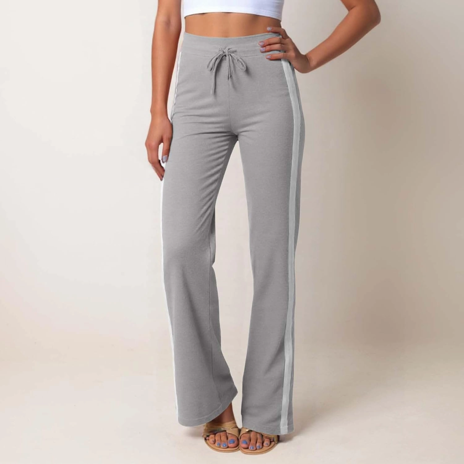 Wide Leg Yoga Pants for Women Striped Elastic High Waisted Casual Trousers Plus Size Pull On Athletic Workout Sweatpants