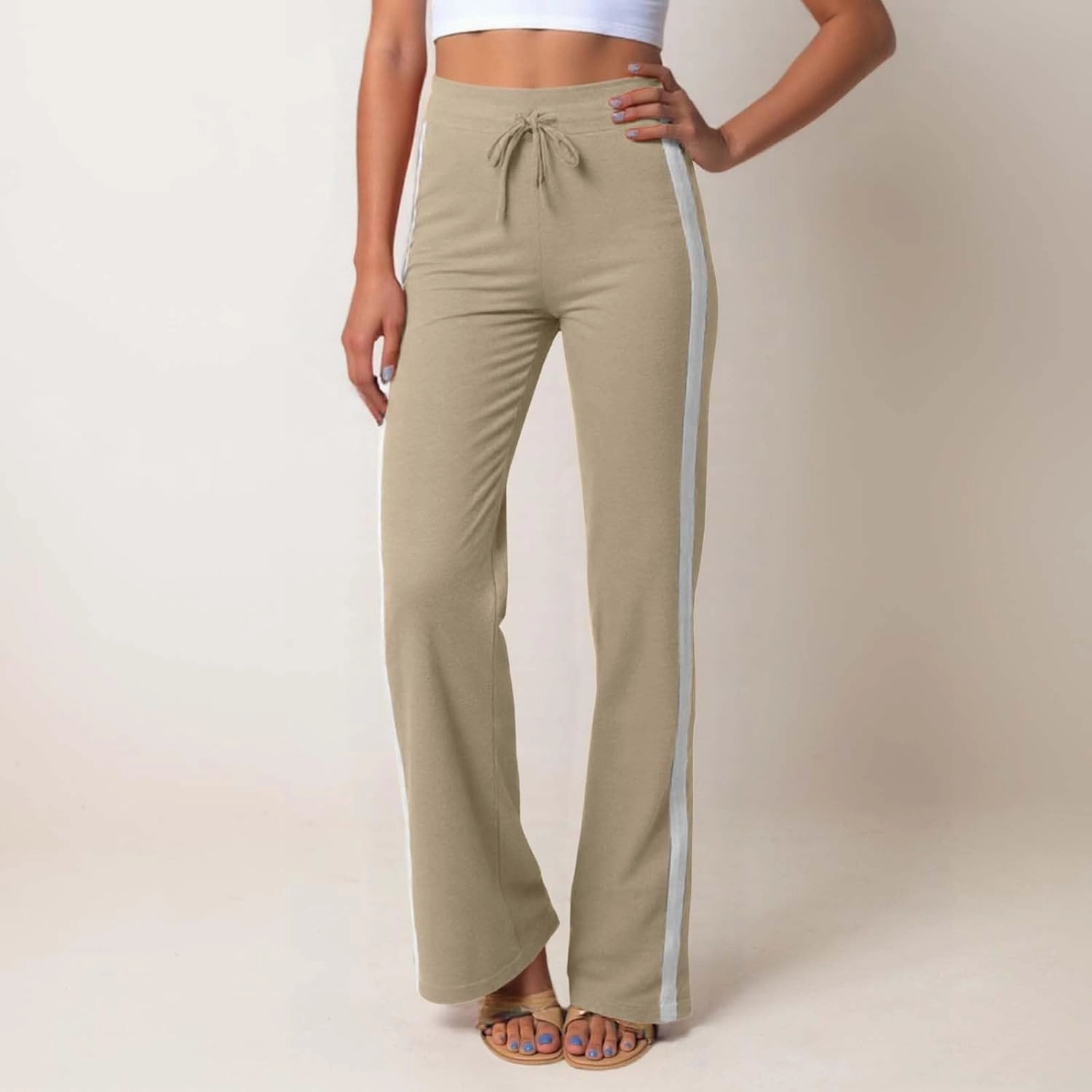 Wide Leg Yoga Pants for Women Striped Elastic High Waisted Casual Trousers Plus Size Pull On Athletic Workout Sweatpants