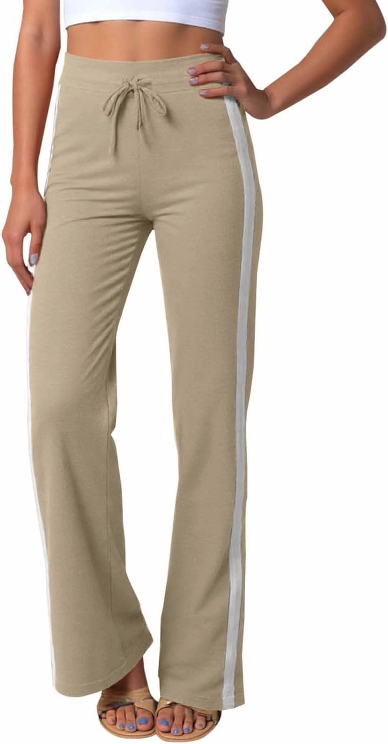 Wide Leg Yoga Pants for Women Striped Elastic High Waisted Casual Trousers Plus Size Pull On Athletic Workout Sweatpants