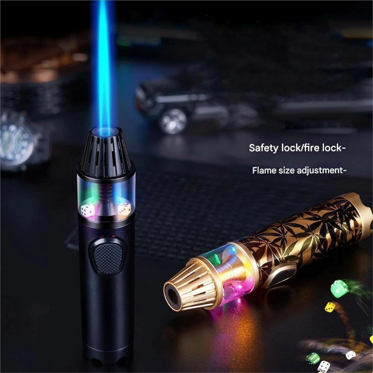 Windproof Torch Metal Lighters, Adjustable Flame with Safety Lock, Refillable Butane Portable Gas Lighter for Outdoor Camping Indoor Gift (No Fuel Included) (Black)(Black)