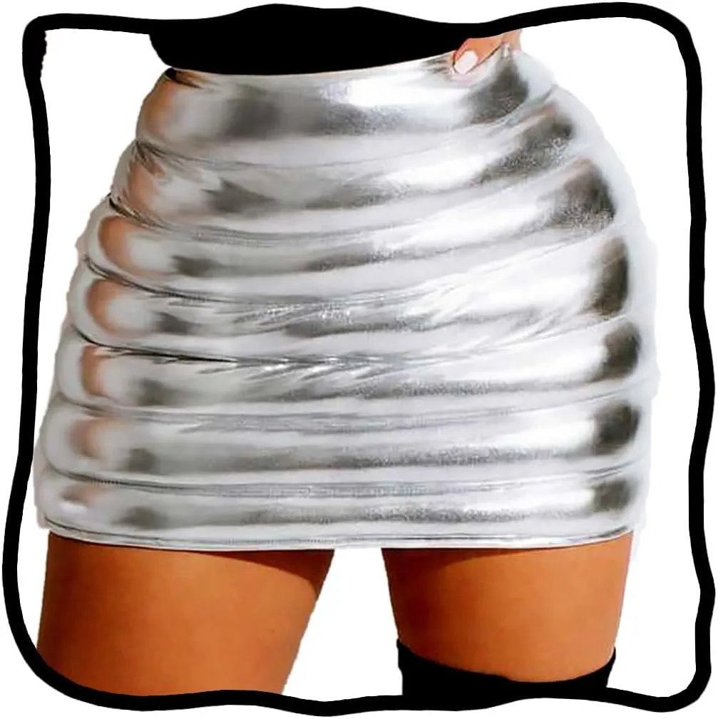 Woeoe Women's Metallic Shiny Skirt Blue Puffer Skirts Bubble Rave Winter Warm Bottom Outfit Clubwear