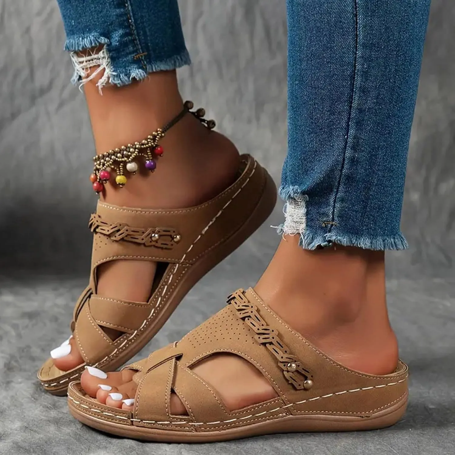 Women Arch Support Slides 2025,Indoor Outdoor Slip-On Casual Shoe Orthopedic Slippers Comfortable Ladies Dress Non-Slip Walking Footwear Breathable Beach Vacation Summer Wedge Heel Sandals