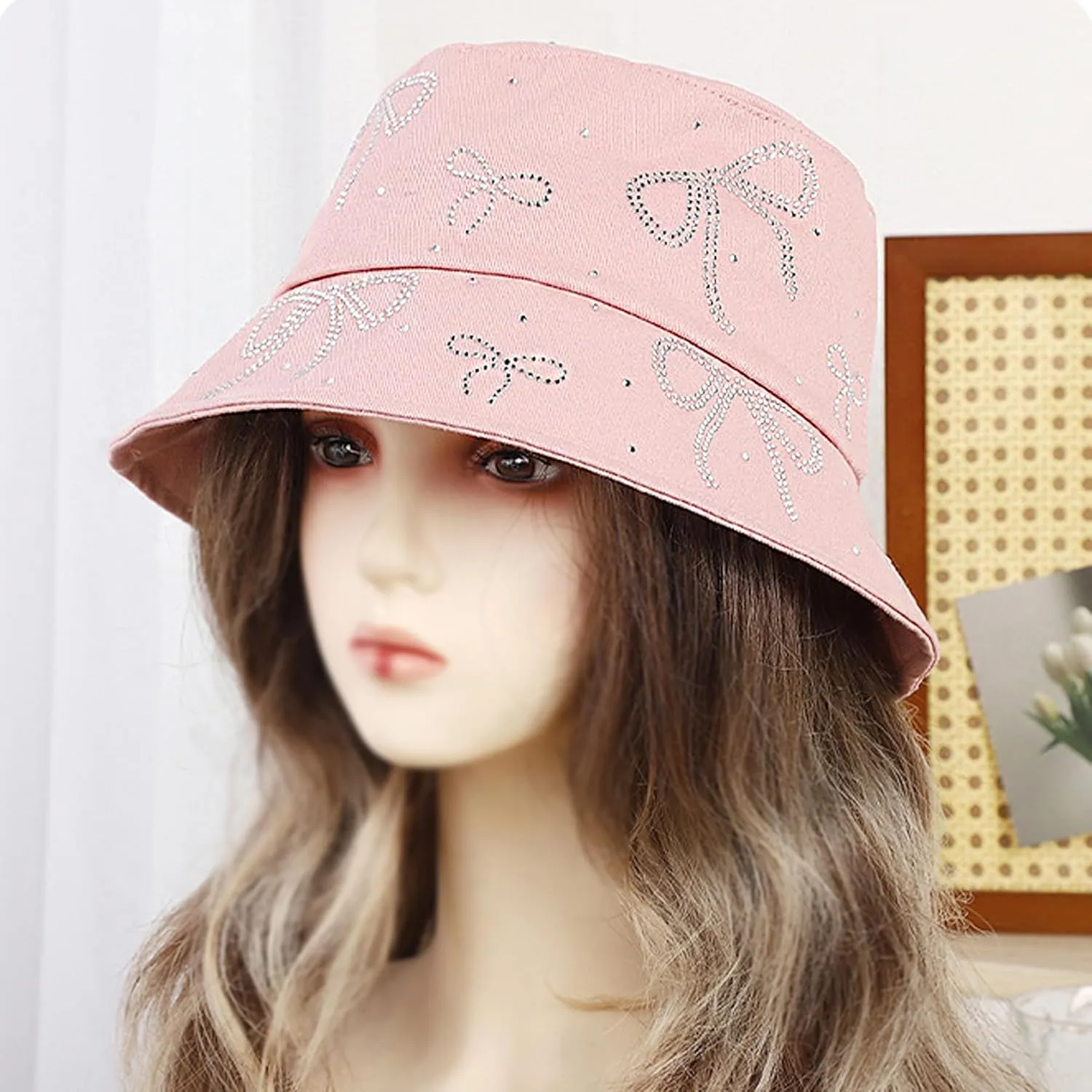Women Bling Bucket Hat Bowknot Shiny Rhinestone Bucket Sun Hat Packable Summer Outdoor Fishing Caps