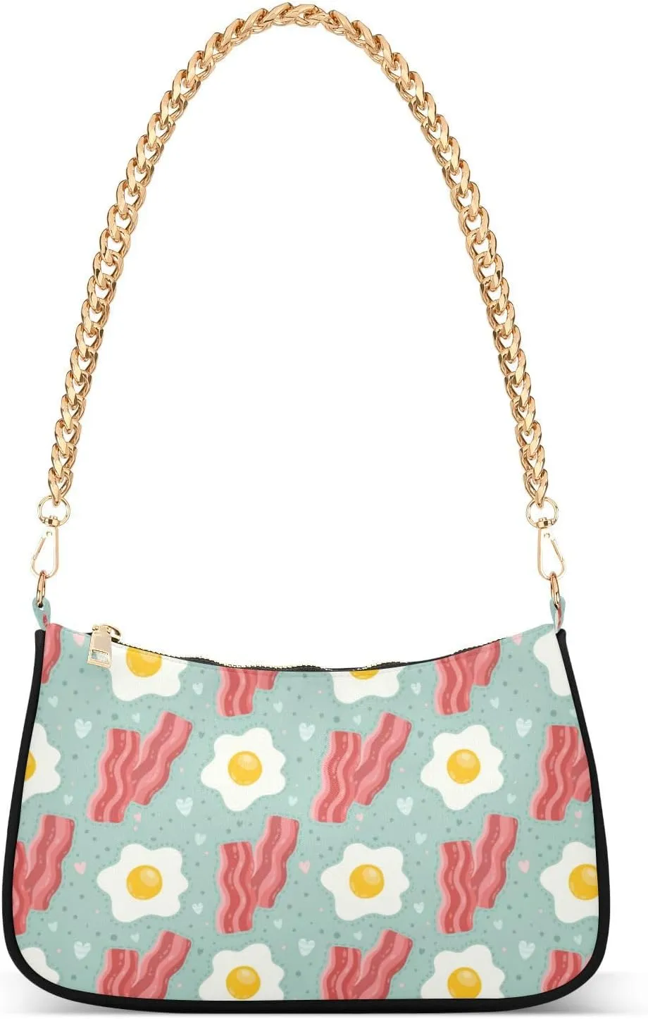 Women Chain Shoulder Purse Bag With Zipper Cute Egg and Bacon Print, Breakfast Food Hobo Tote Clutch Handbags with Chain Strap