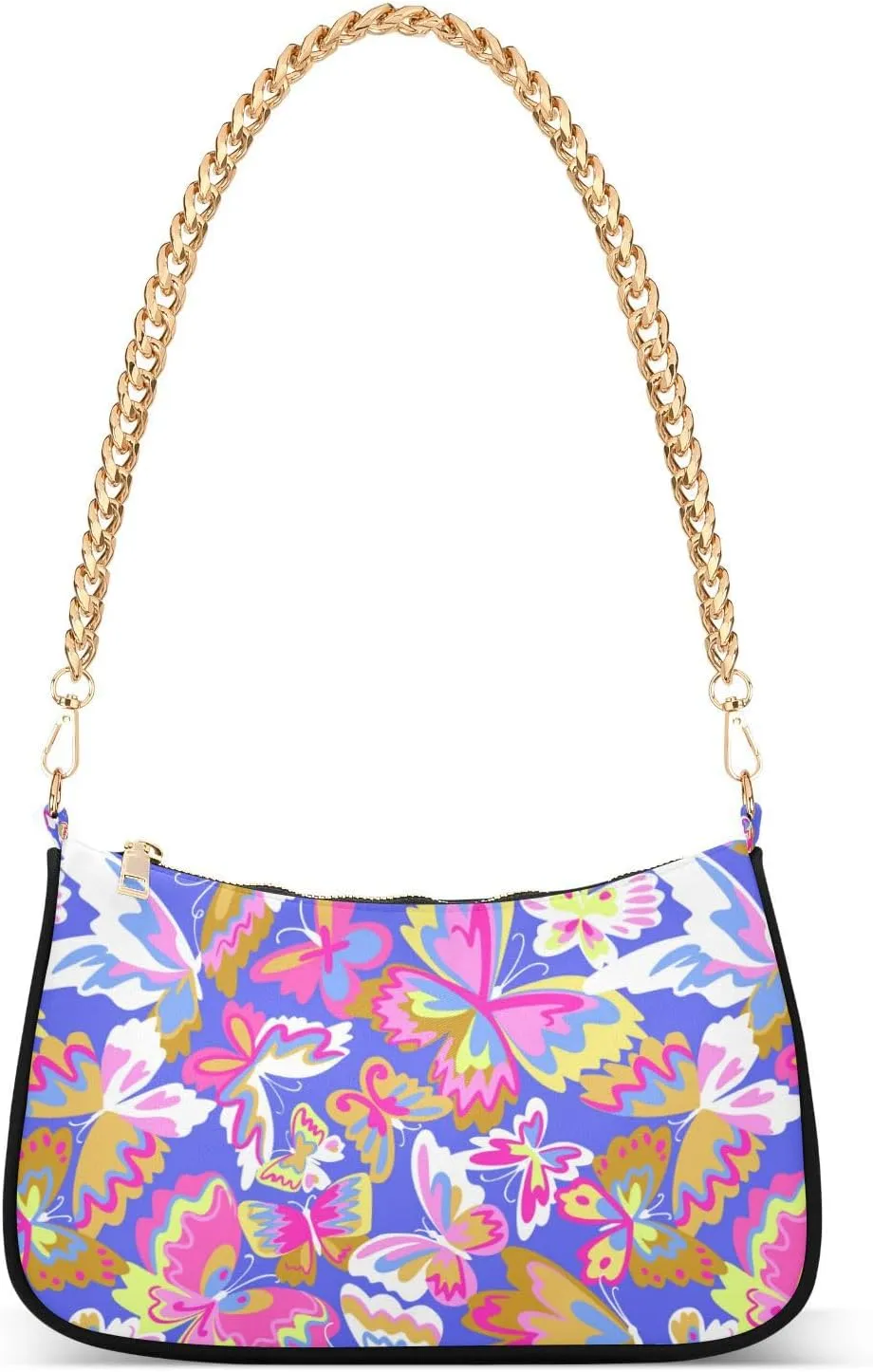 Women Chain Shoulder Purse Bag With Zipper Decorative Colorful Butterflies Print, Hobo Tote Clutch Handbags with Chain Strap