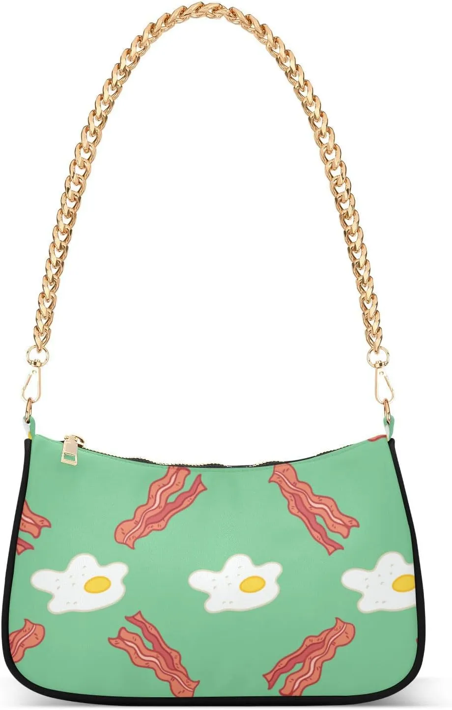 Women Chain Shoulder Purse Bag With Zipper Eggs and Bacon Print, Breakfast Fried Hobo Tote Clutch Handbags with Chain Strap
