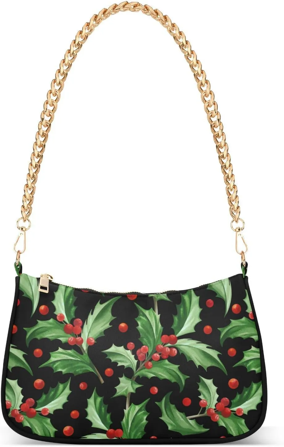 Women Chain Shoulder Purse Bag With Zipper Holly Leaves Print, Christmas Symbol Hobo Tote Clutch Handbags with Chain Strap