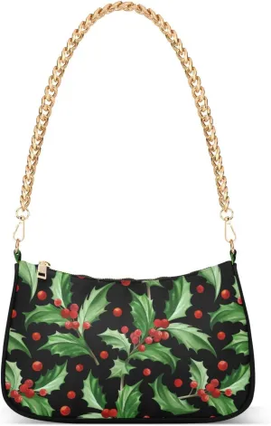 Women Chain Shoulder Purse Bag With Zipper Holly Leaves Print, Christmas Symbol Hobo Tote Clutch Handbags with Chain Strap