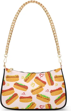 Women Chain Shoulder Purse Bag With Zipper Hot Dog Vintage Style Heart Print, Hobo Tote Clutch Handbags with Chain Strap