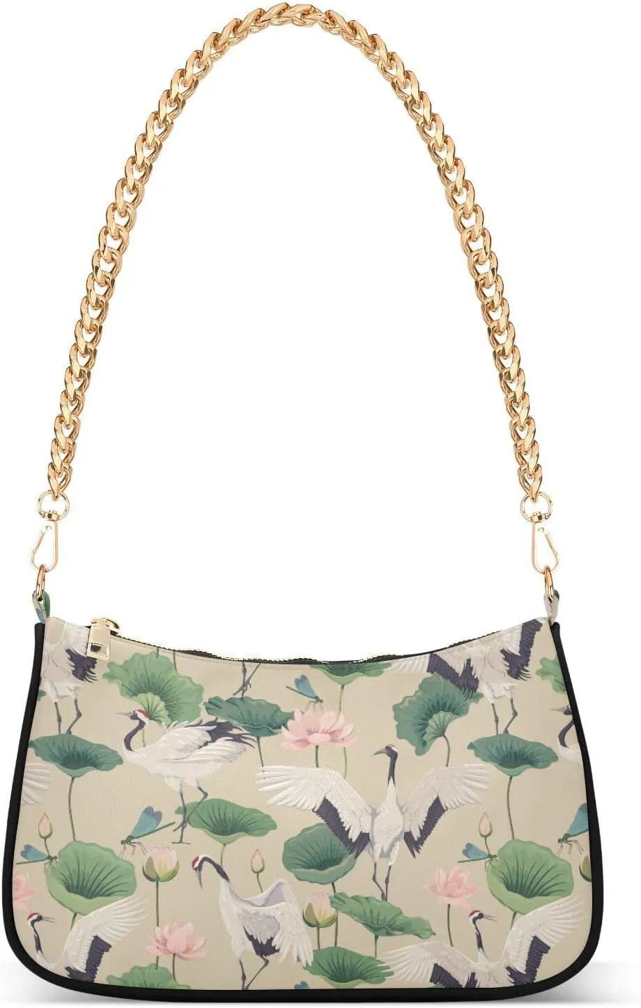 Women Chain Shoulder Purse Bag With Zipper Japanese Crane Bird Lotus Print, Dragonfly Leaf Hobo Tote Clutch Handbags with Chain Strap