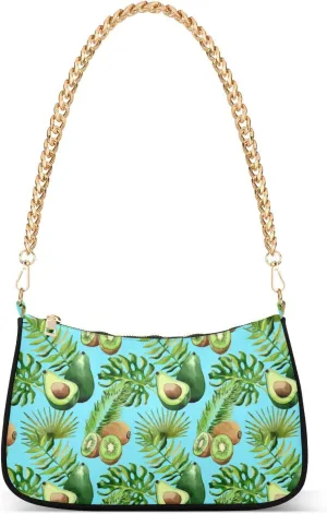 Women Chain Shoulder Purse Bag With Zipper Kiwi Avocado Watercolor Print, Tropical Hawaii Palm Tree Hobo Tote Clutch Handbags with Chain Strap