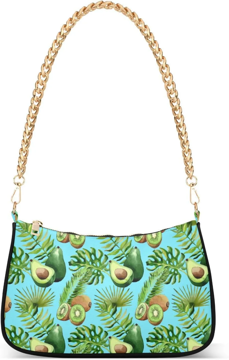 Women Chain Shoulder Purse Bag With Zipper Kiwi Avocado Watercolor Print, Tropical Hawaii Palm Tree Hobo Tote Clutch Handbags with Chain Strap