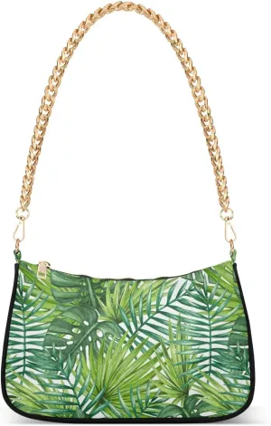Women Chain Shoulder Purse Bag With Zipper Palm Leaves Tropical Print, Summer Green Hobo Tote Clutch Handbags with Chain Strap