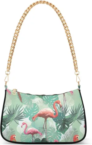 Women Chain Shoulder Purse Bag With Zipper Tropical Flowers Flamingo Print, Summer Palm Leaves Hobo Tote Clutch Handbags with Chain Strap