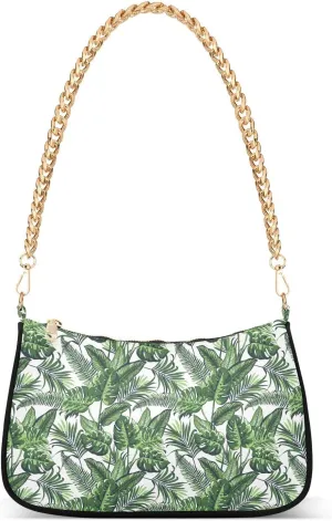 Women Chain Shoulder Purse Bag With Zipper Tropical Jungle Plants Print, Summer Palm Leaves Hobo Tote Clutch Handbags with Chain Strap
