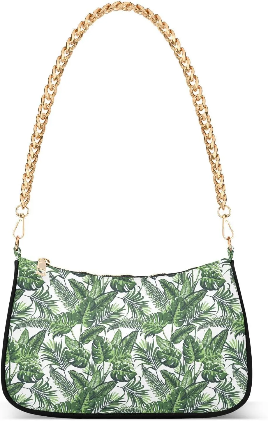 Women Chain Shoulder Purse Bag With Zipper Tropical Jungle Plants Print, Summer Palm Leaves Hobo Tote Clutch Handbags with Chain Strap