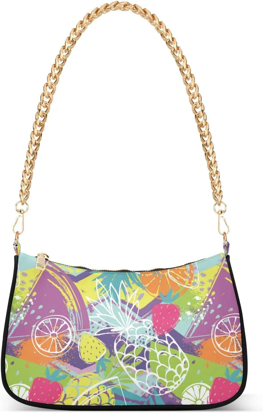 Women Chain Shoulder Purse Bag With Zipper Tropics Funny Fruits Print, Colorful Pineapples Strawberries Oranges Hobo Tote Clutch Handbags with Chain Strap