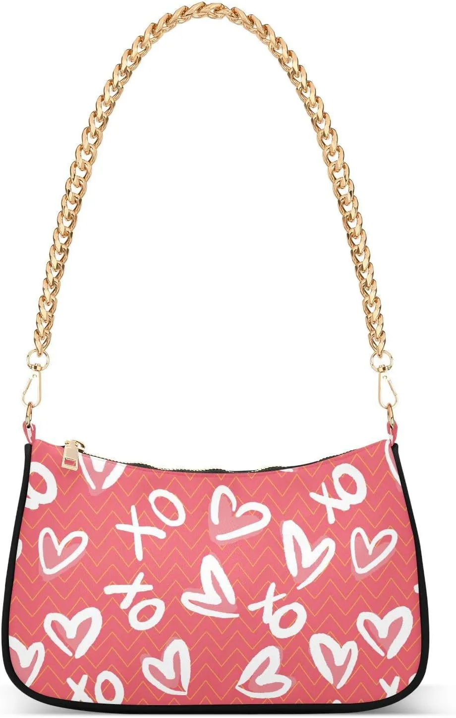 Women Chain Shoulder Purse Bag With Zipper Valentine Love Heart Xo Print, Zigzag Pink Pattern Hobo Tote Clutch Handbags with Chain Strap