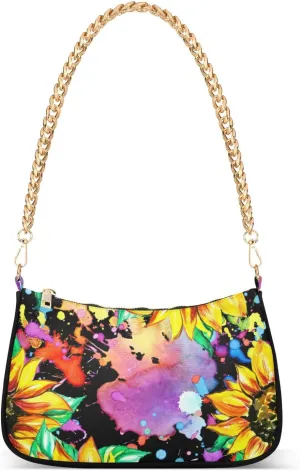 Women Chain Shoulder Purse Bag With Zipper Watercolor Sunflower Print, Doodle Art Colorful Hobo Tote Clutch Handbags with Chain Strap
