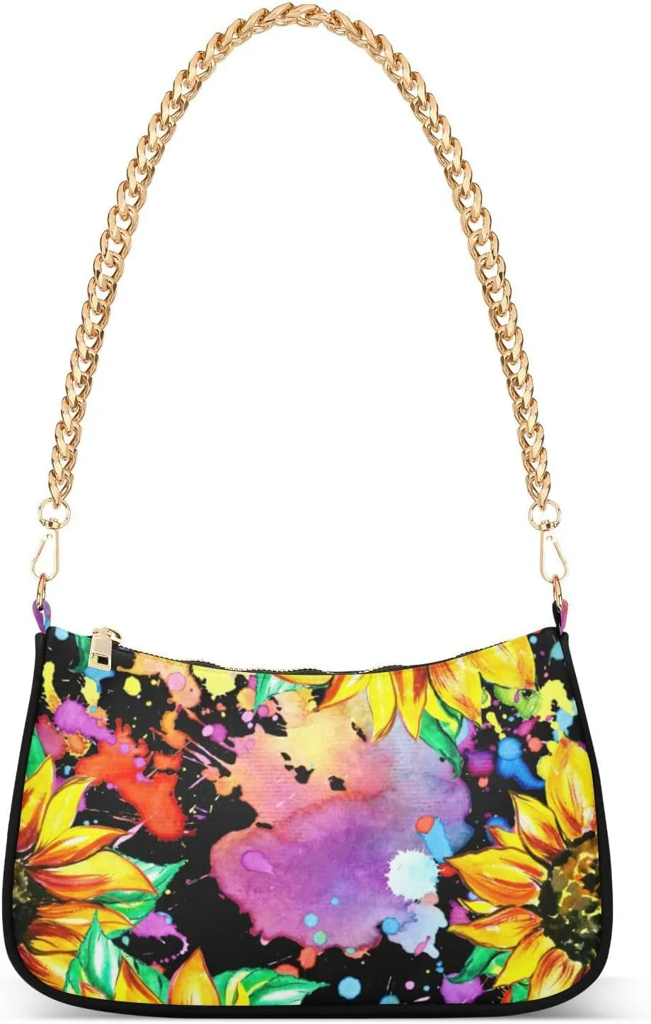 Women Chain Shoulder Purse Bag With Zipper Watercolor Sunflower Print, Doodle Art Colorful Hobo Tote Clutch Handbags with Chain Strap