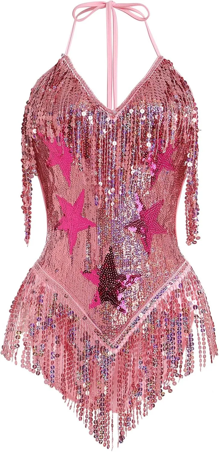 Women Music Festival Rave Fringe Trim Sleeveless Sequins Tassel Bodysuit Country Concert Nightclub Halloween Costume