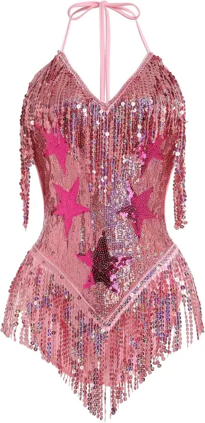 Women Music Festival Rave Fringe Trim Sleeveless Sequins Tassel Bodysuit Country Concert Nightclub Halloween Costume