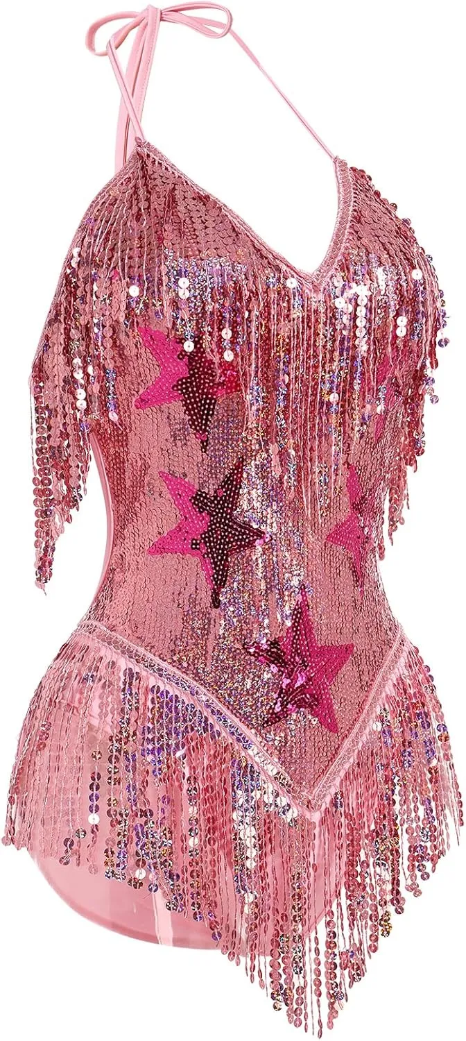 Women Music Festival Rave Fringe Trim Sleeveless Sequins Tassel Bodysuit Country Concert Nightclub Halloween Costume