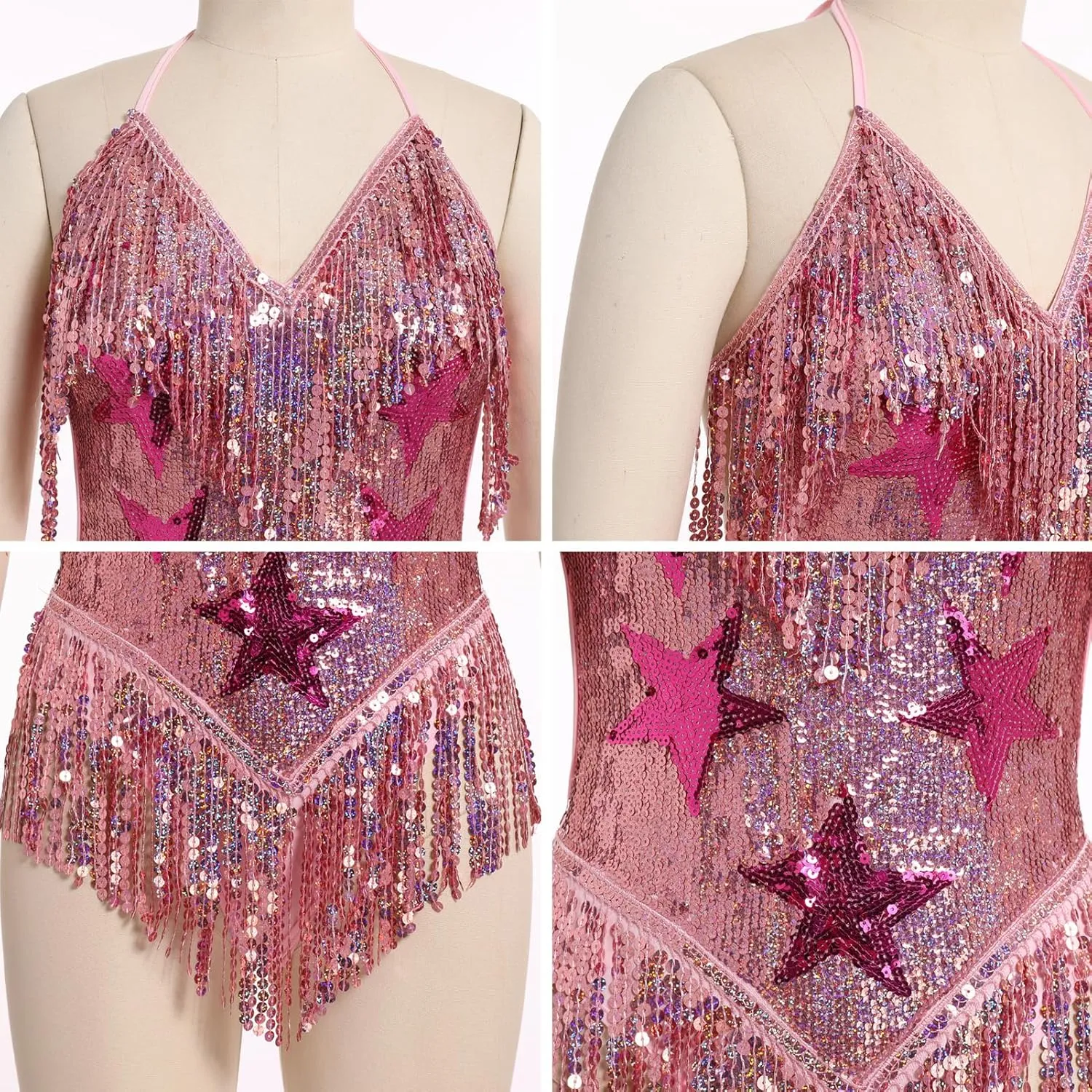 Women Music Festival Rave Fringe Trim Sleeveless Sequins Tassel Bodysuit Country Concert Nightclub Halloween Costume