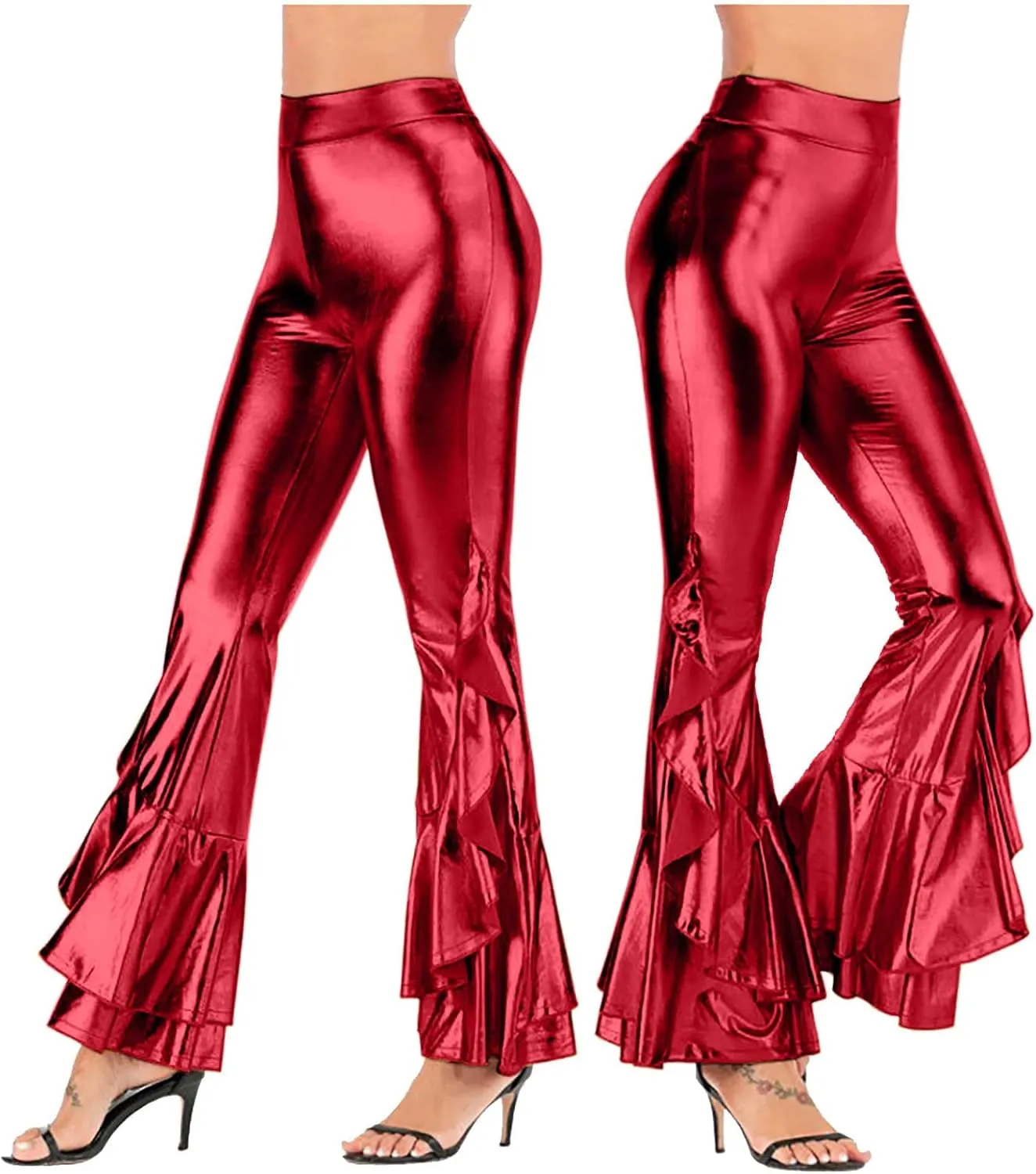 Women Vintage Shiny Metallic Bell Bottom Ruffle Flare Pants- 70s Disco High Waisted Dance Bootcut Palazzo Pants