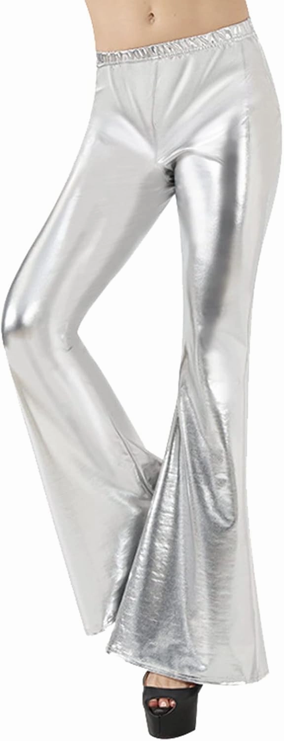 Women Flare Leggings Shiny Metallic Bell Bottom Bootcut Palazzo Pants High Waist Wide Leg Disco Dance Party Trousers
