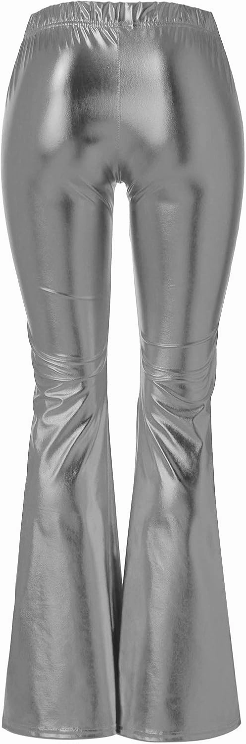 Women Flare Leggings Shiny Metallic Bell Bottom Bootcut Palazzo Pants High Waist Wide Leg Disco Dance Party Trousers