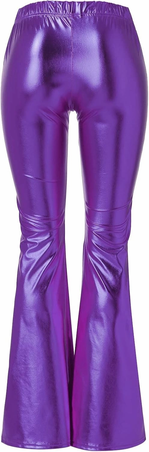 Women Flare Leggings Shiny Metallic Bell Bottom Bootcut Palazzo Pants High Waist Wide Leg Disco Dance Party Trousers