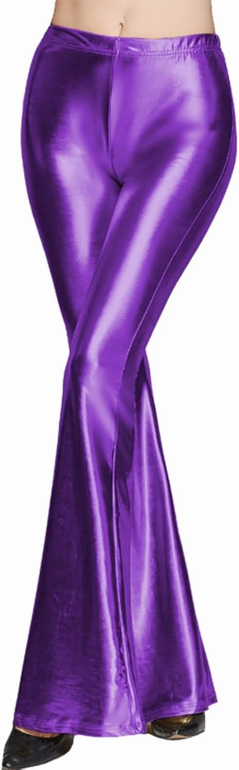Women Flare Leggings Shiny Metallic Bell Bottom Bootcut Palazzo Pants High Waist Wide Leg Disco Dance Party Trousers