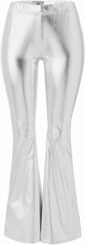 Women Flare Leggings Shiny Metallic Bell Bottom Bootcut Palazzo Pants High Waist Wide Leg Disco Dance Party Trousers