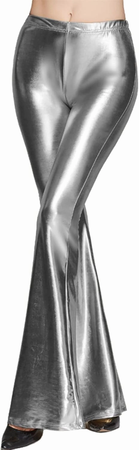 Women Flare Leggings Shiny Metallic Bell Bottom Bootcut Palazzo Pants High Waist Wide Leg Disco Dance Party Trousers