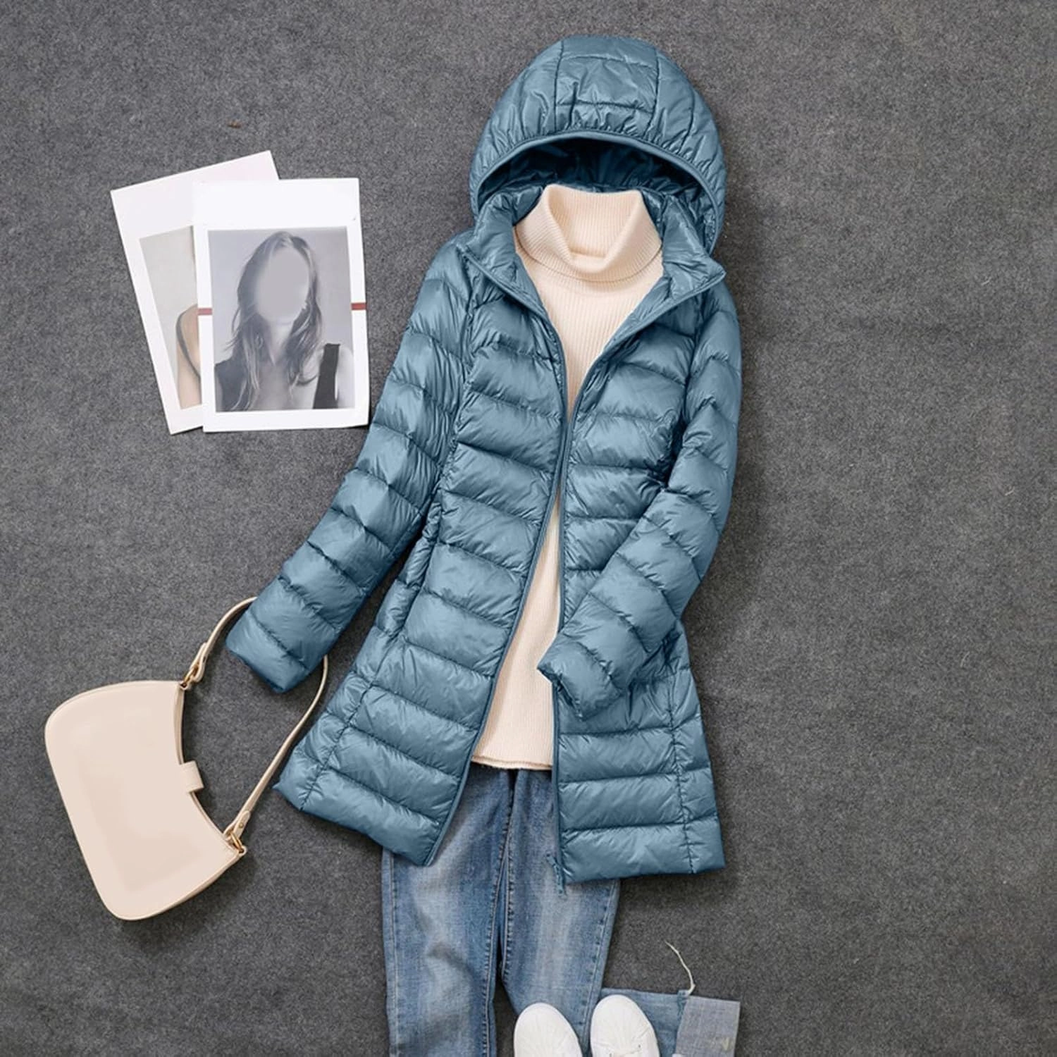 Women Packable Lightweight Full-Zip Puffer Jacket with Hood Quilted Winter Down Coat Ski Jacket Coat Puffer Jacket Womens