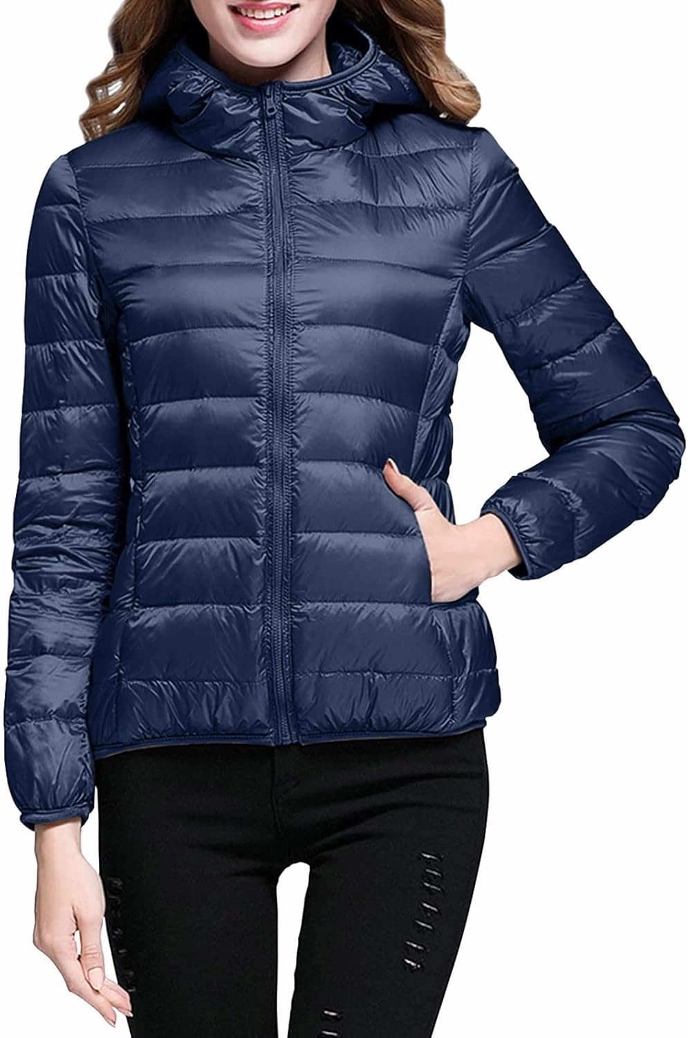 Women Packable Lightweight Full-Zip Puffer Jacket with Hood Quilted Winter Down Coat Ski Jacket Coat Puffer Jacket Womens