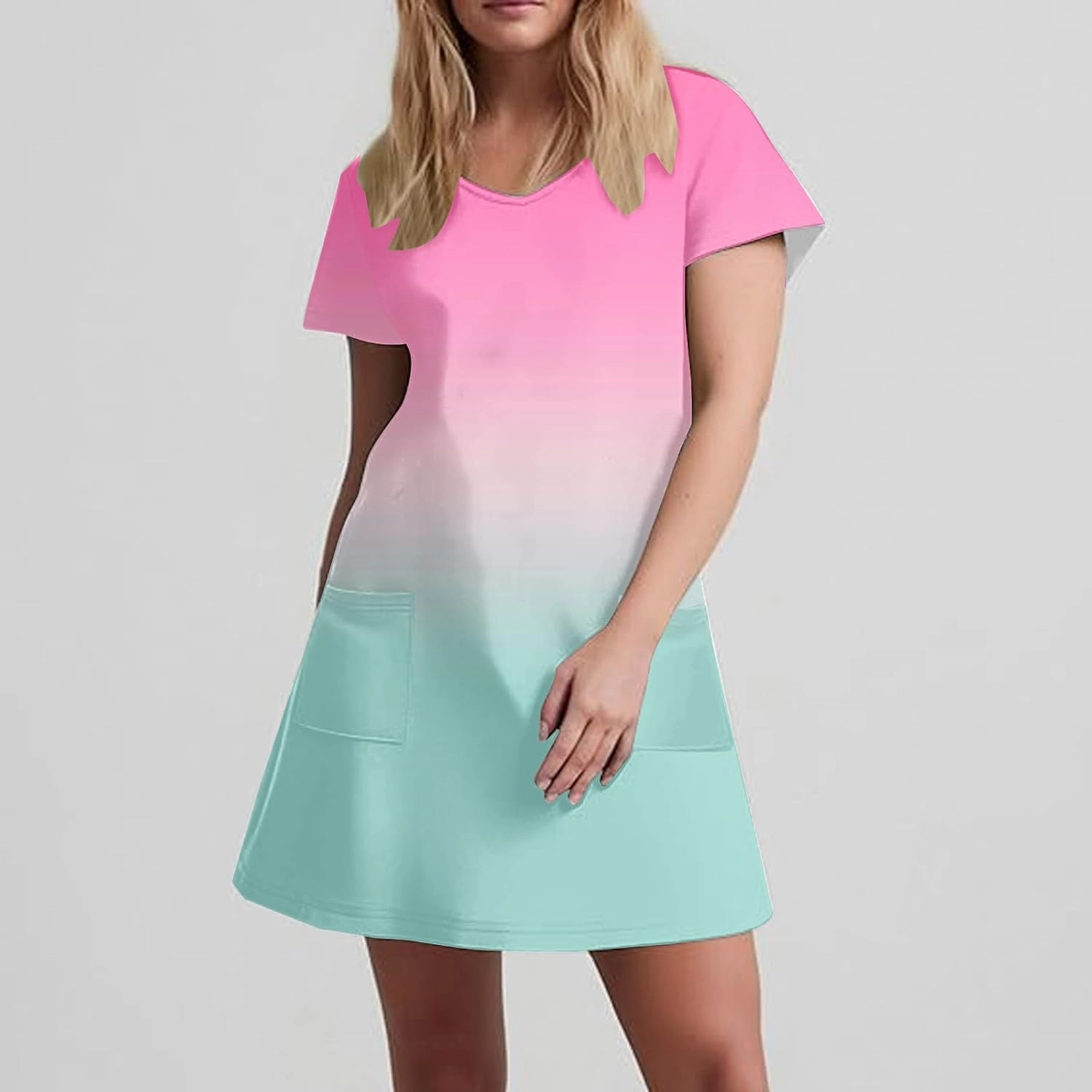 Women's Fashion Summer Dress Gradient Short Sleeve V-Neck Lounge Dresses Loose Comfy Solid Midi Skirts Vacation