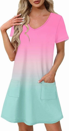 Women's Fashion Summer Dress Gradient Short Sleeve V-Neck Lounge Dresses Loose Comfy Solid Midi Skirts Vacation