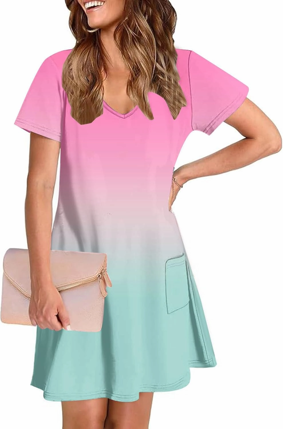 Women's Fashion Summer Dress Gradient Short Sleeve V-Neck Lounge Dresses Loose Comfy Solid Midi Skirts Vacation
