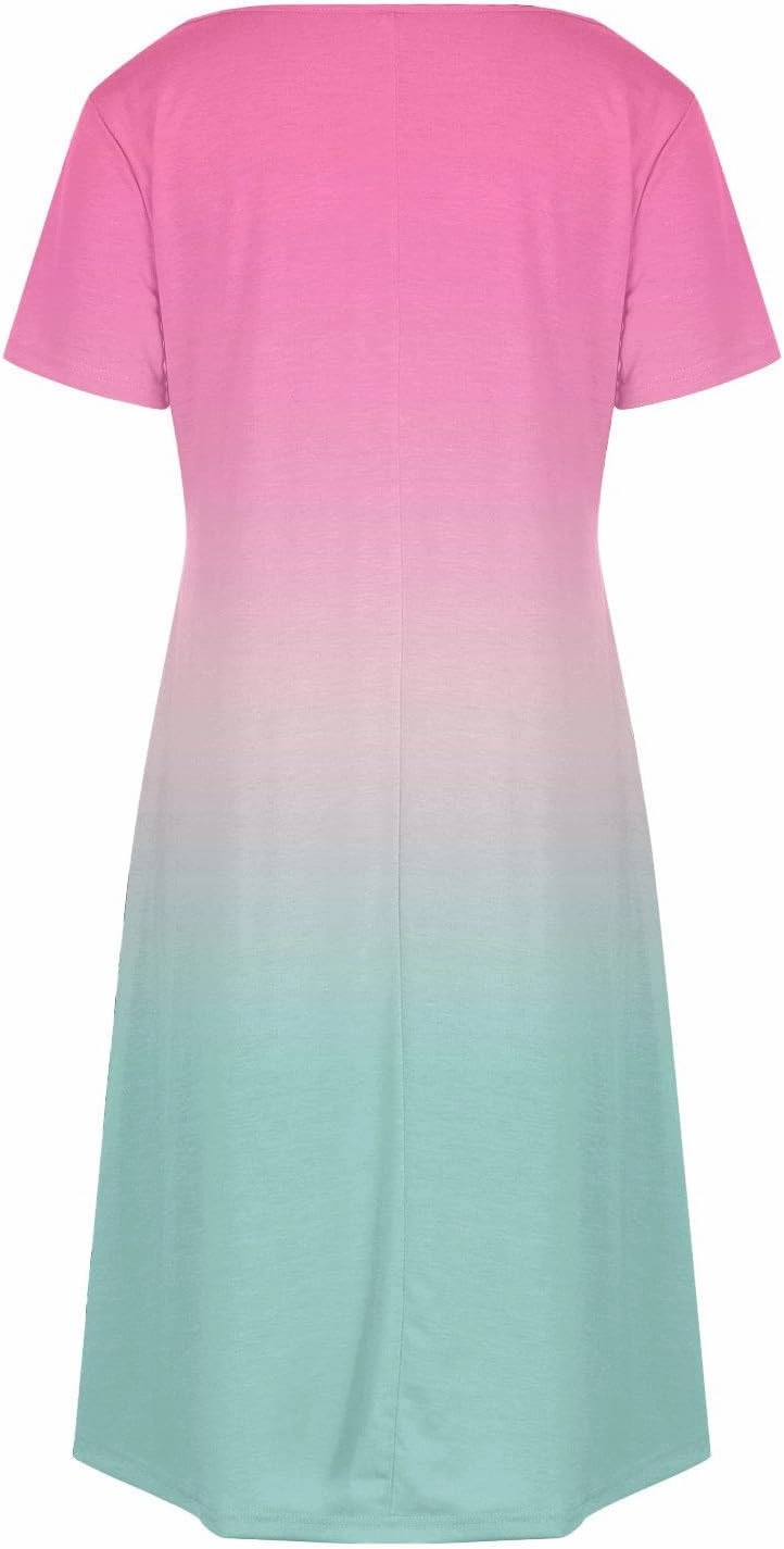 Women's Fashion Summer Dress Gradient Short Sleeve V-Neck Lounge Dresses Loose Comfy Solid Midi Skirts Vacation